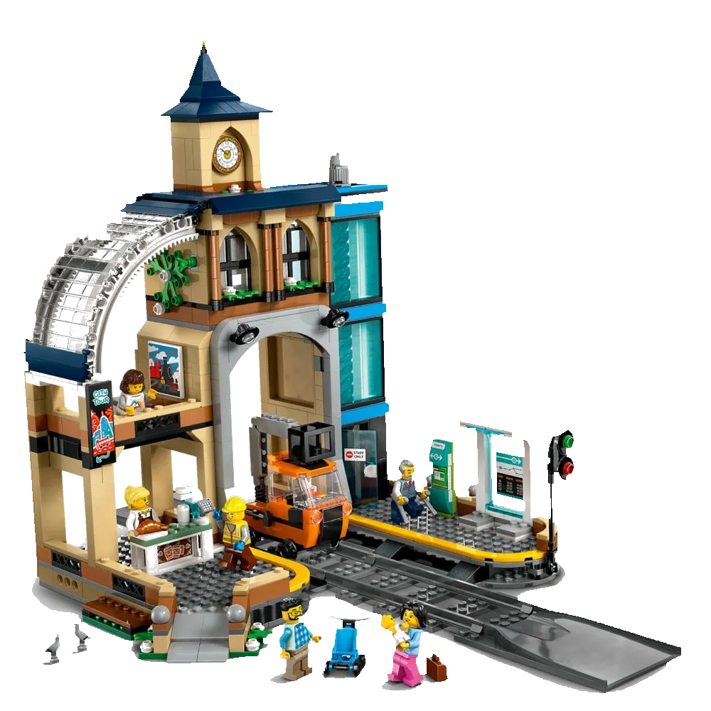 LEGO City 60469 Estação Central de Trem: vista geral com torre do relógio, plataforma e vagão de carga