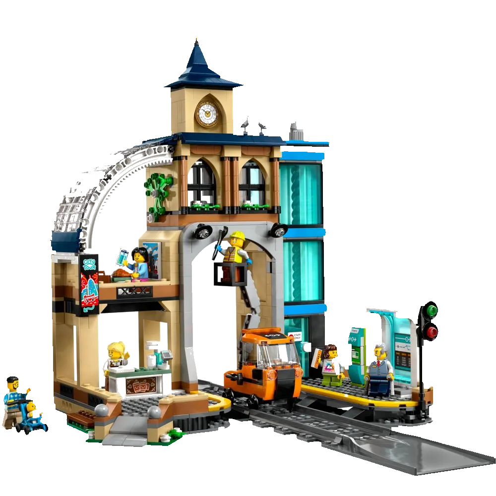 LEGO City 60469 Estação Central de Trem: vista lateral mostrando torre do relógio, plataforma com cobertura de vidro e operário no elevador de manutenção