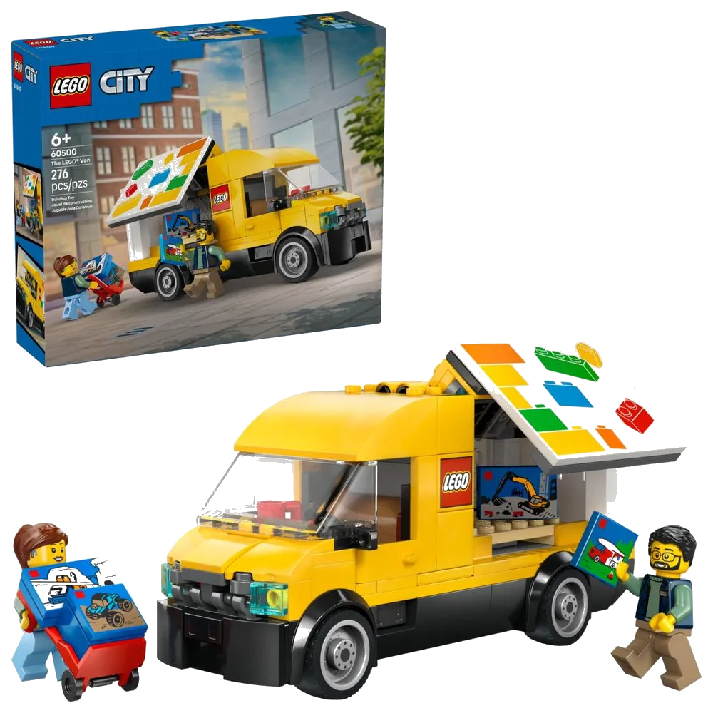 LEGO City 60500 A Van LEGO: caixa lacrada azul ao lado do modelo montado com 2 minifiguras
