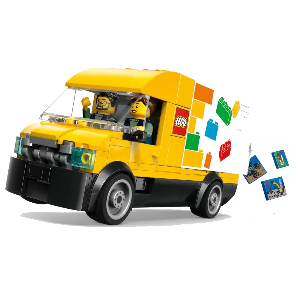 LEGO City 60500 A Van LEGO: vista 3/4 frontal da van amarela com motorista, adesivos de tijolos coloridos na lateral e mini caixas voando ao redor