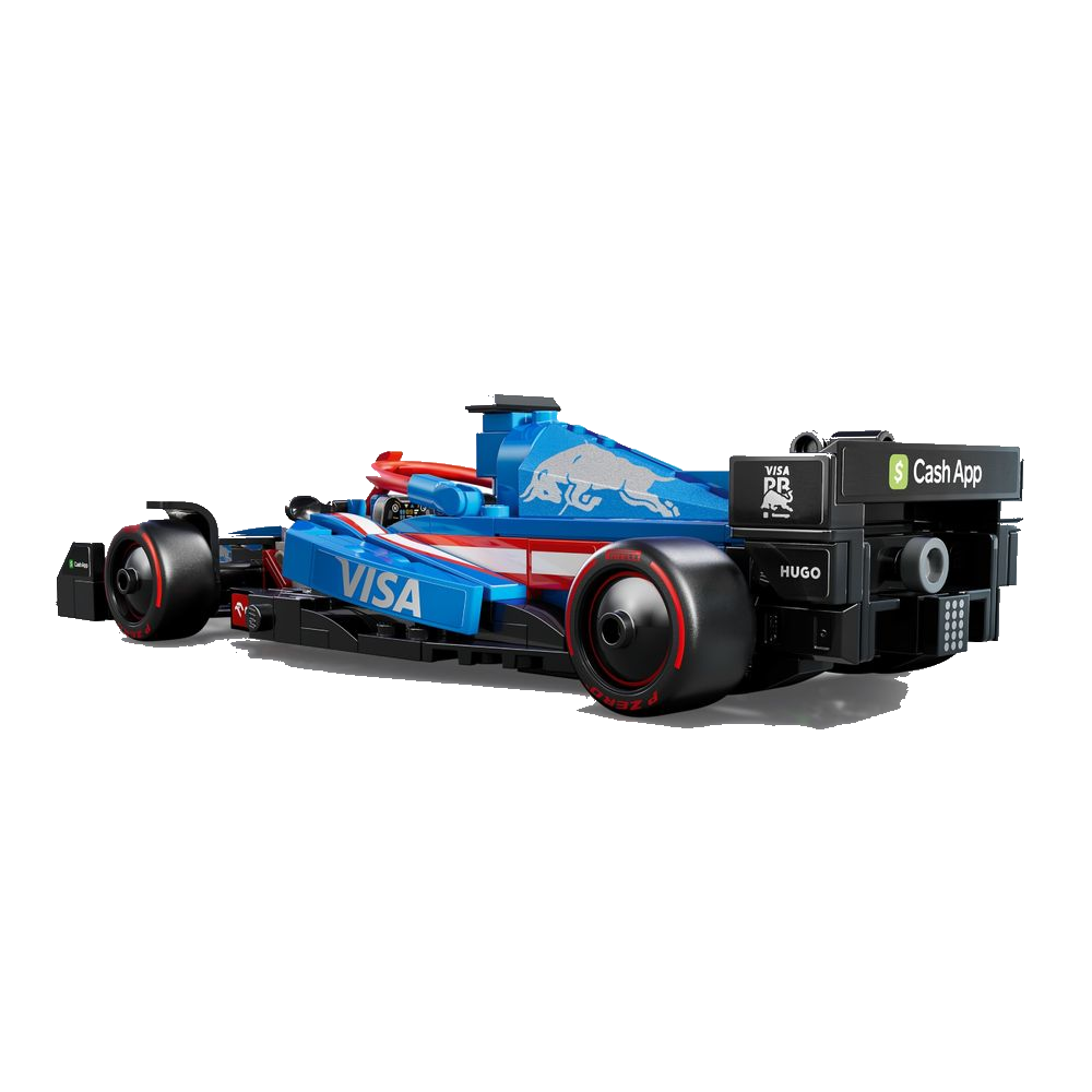 Frente da Visa Cash App RB VCARB 01 em LEGO mostrando faróis e front splitter